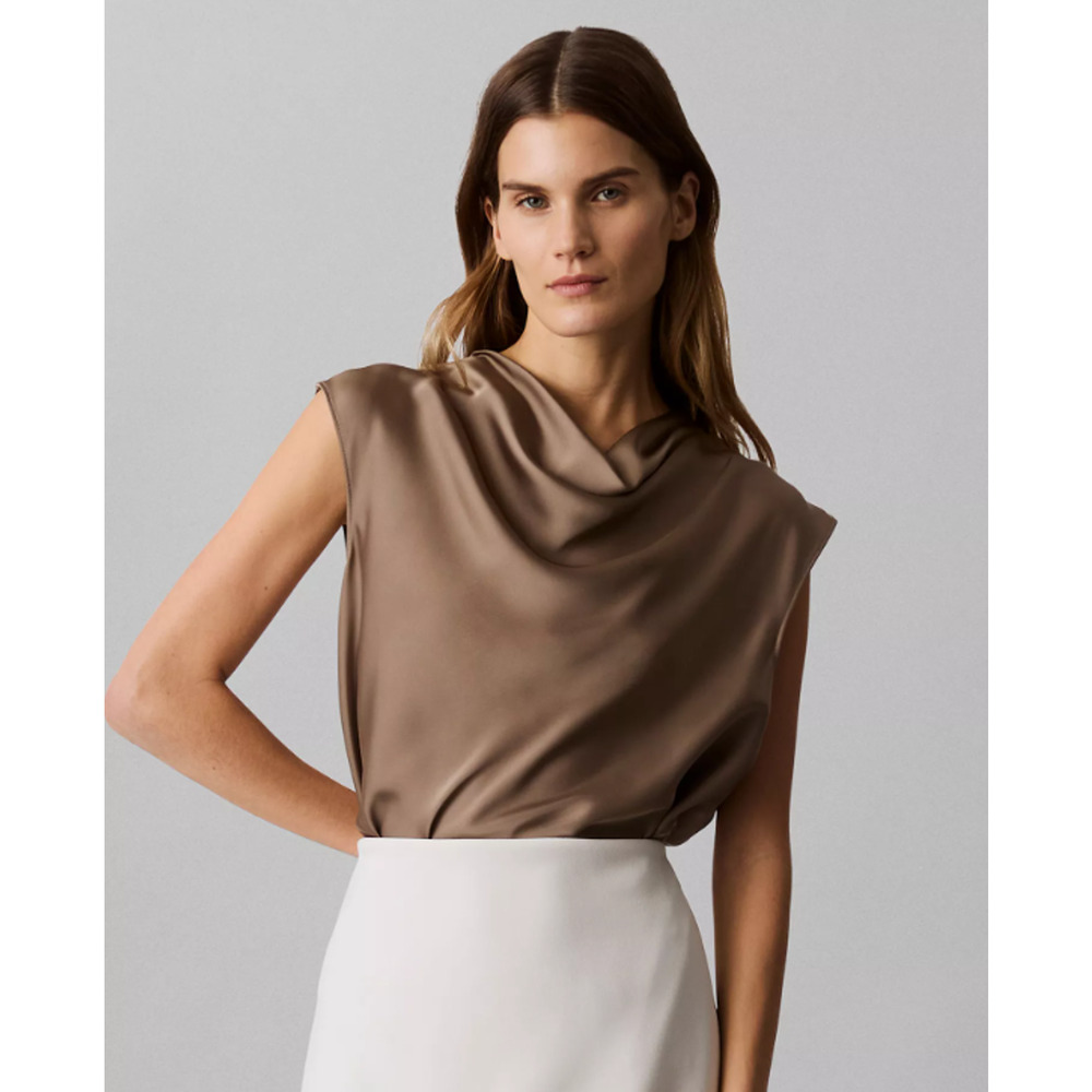 Calvin Klein Women's Cap-Sleeve Satin Cowlneck Blouse Fossil Size XL 17248
